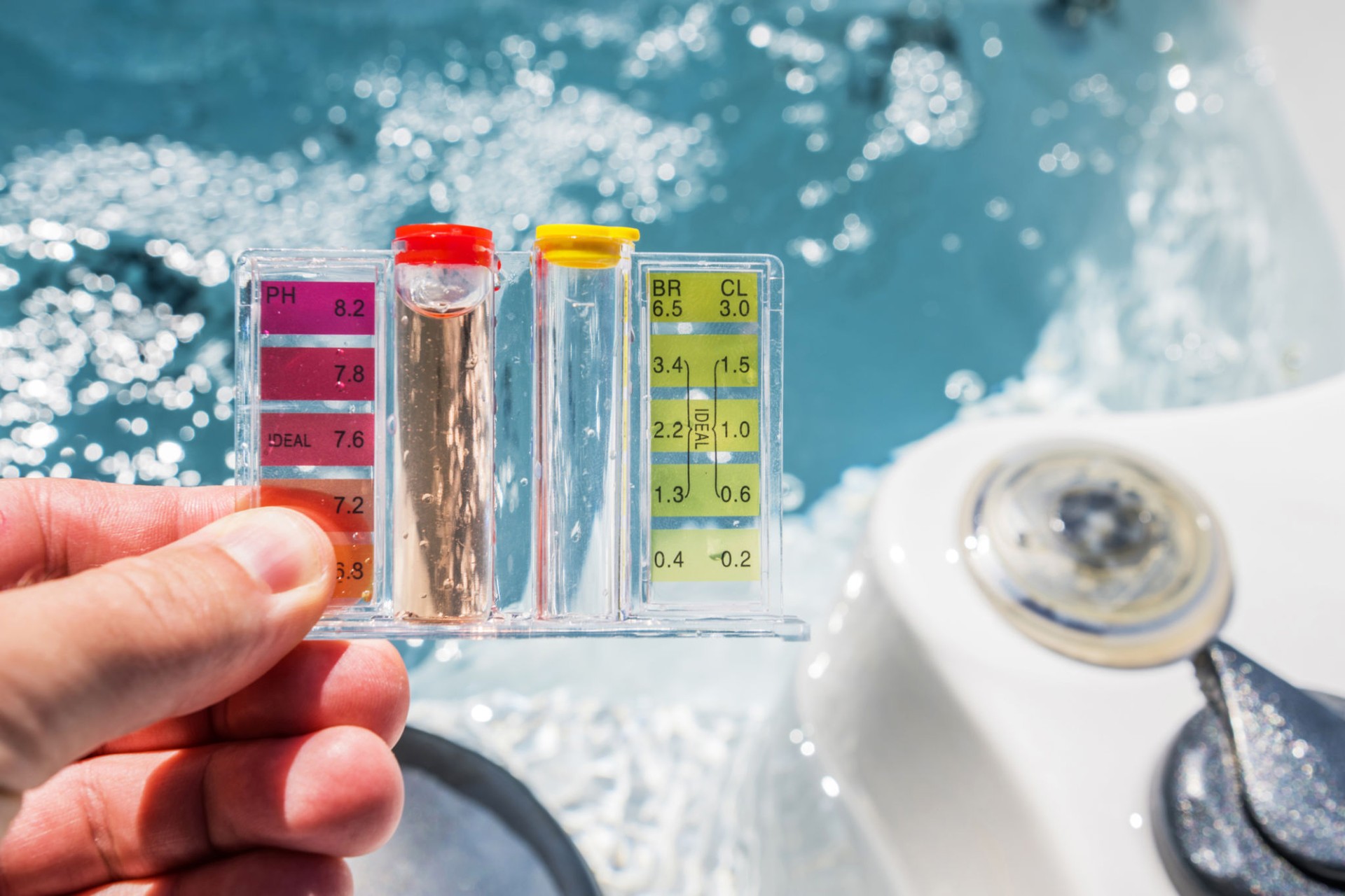 Hot Tub Water Quality Check by Using Chemical Testing Kit.